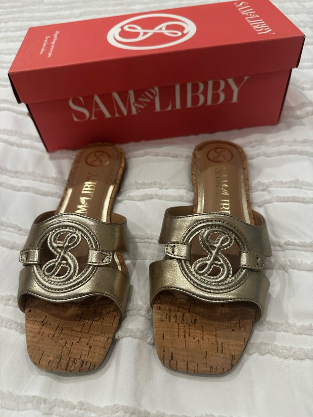 Sam & Libby Lana Gold Cork-Trim Slide Sandals